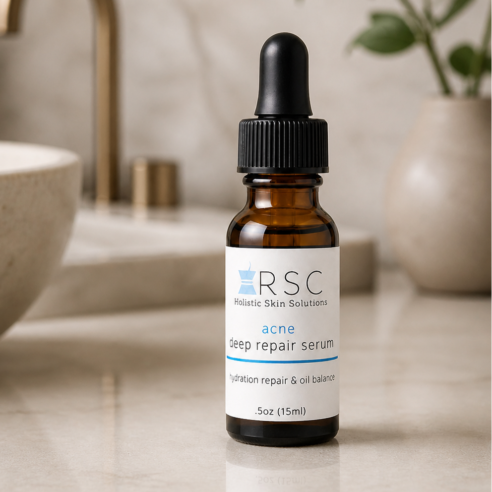 Bottle of RSC acne deep repair serum on a bathroom counter with a sink and plant in the background.